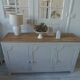 Vintage low sideboard with 3 doors, pearl gray patina, wooden top.