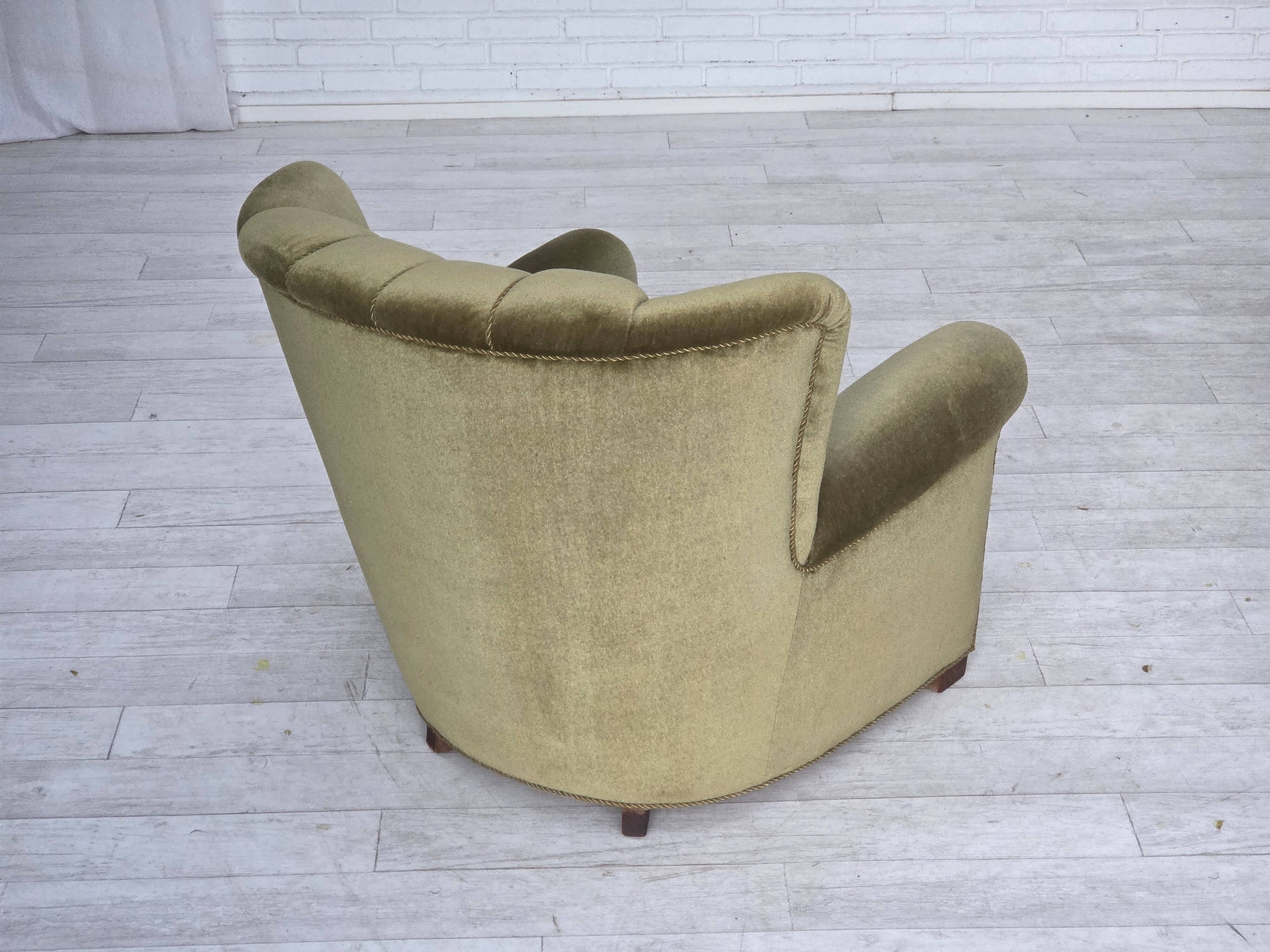 1960s, Danish relax armchair, original green furniture velour, beech wood.