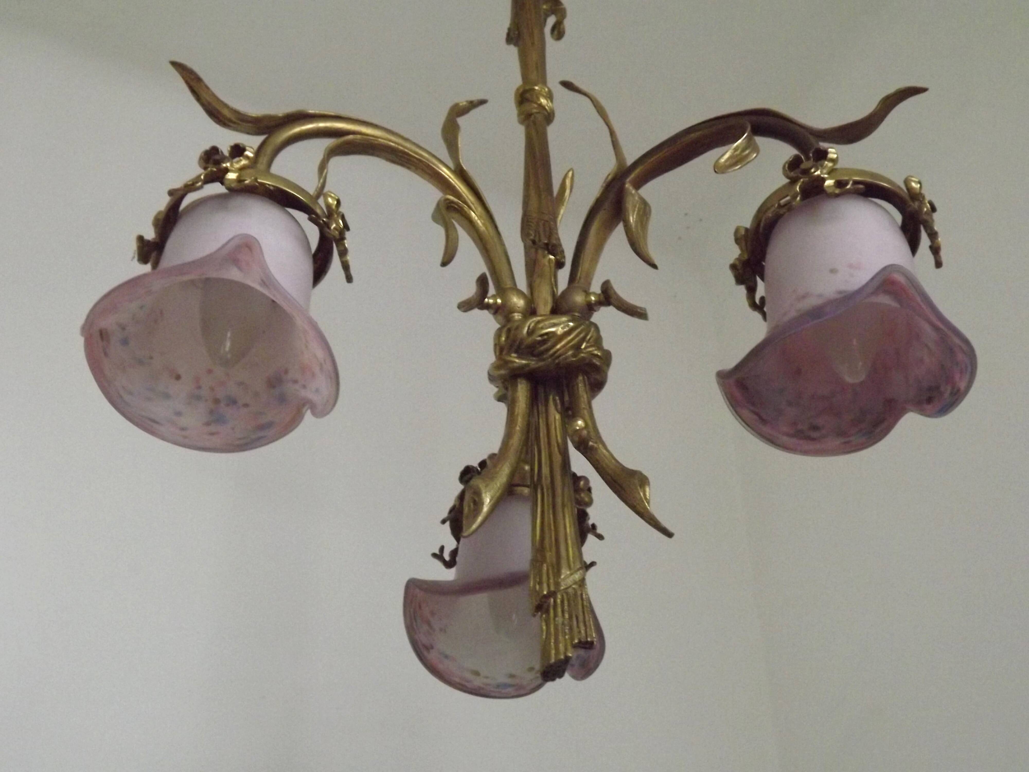 French Antique Late 1800s 3-Light Gilt Bronze Chandelier Art Glass Shades 5089