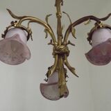 Lustre à 3 lumières en bronze doré, abat-jour en verre d'art 5089