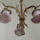 French Antique Late 1800s 3-Light Gilt Bronze Chandelier Art Glass Shades 5089