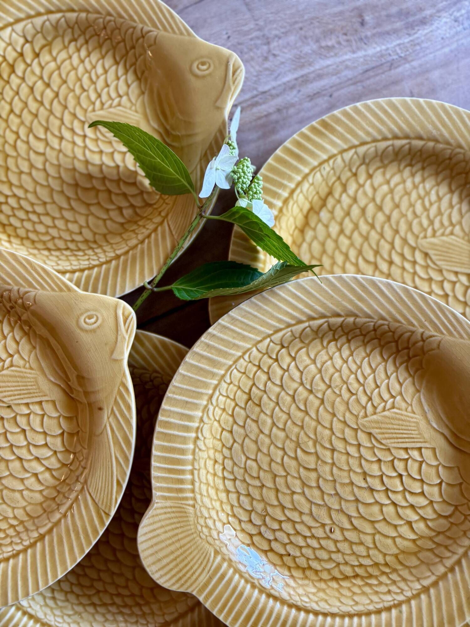Set of 11 vintage Sarreguemines fish plates and sauceboat
