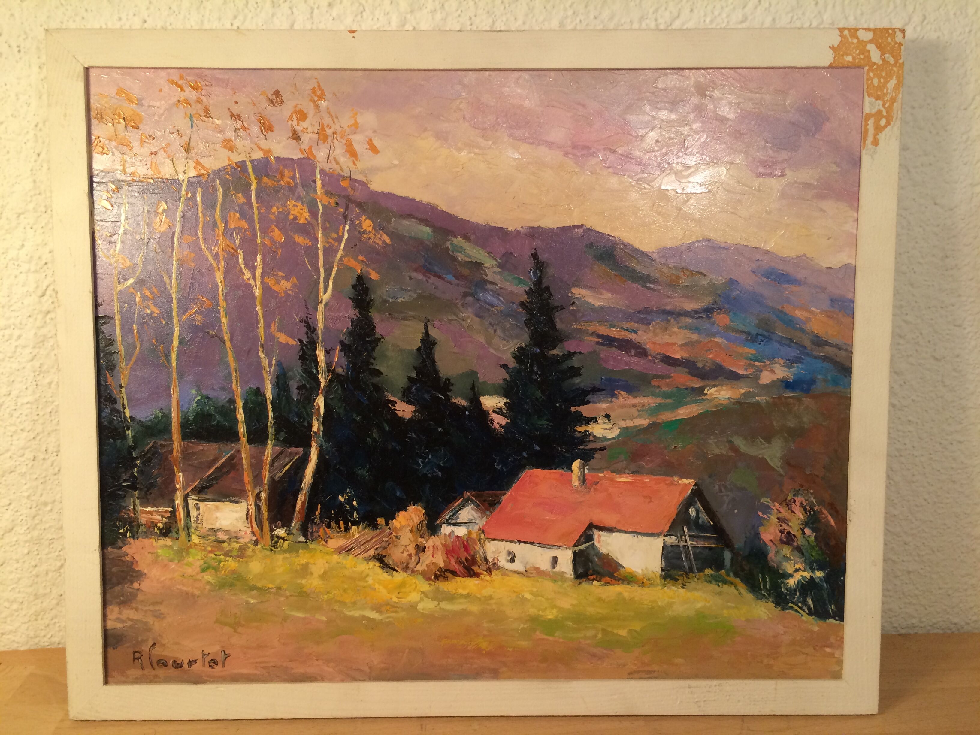 Mountain landscape painting and farm, old painting
