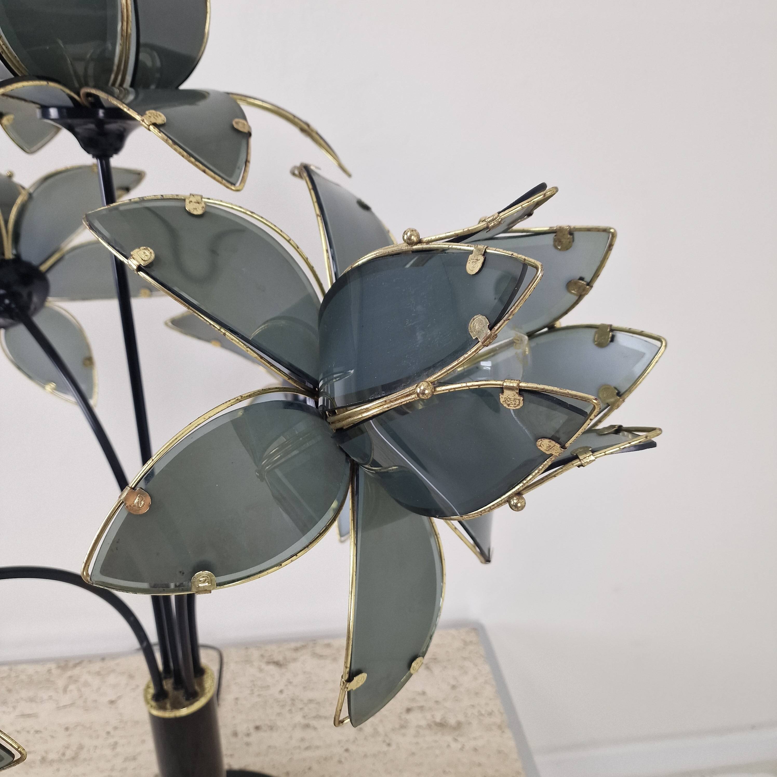 Hollywood Regency 5-Light Lotus Flower Table Lamp in Smoked Glass, 1980's