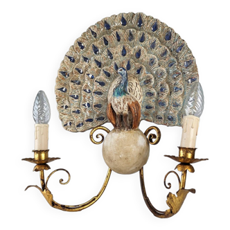 Peacock wall lamp in polychrome wood