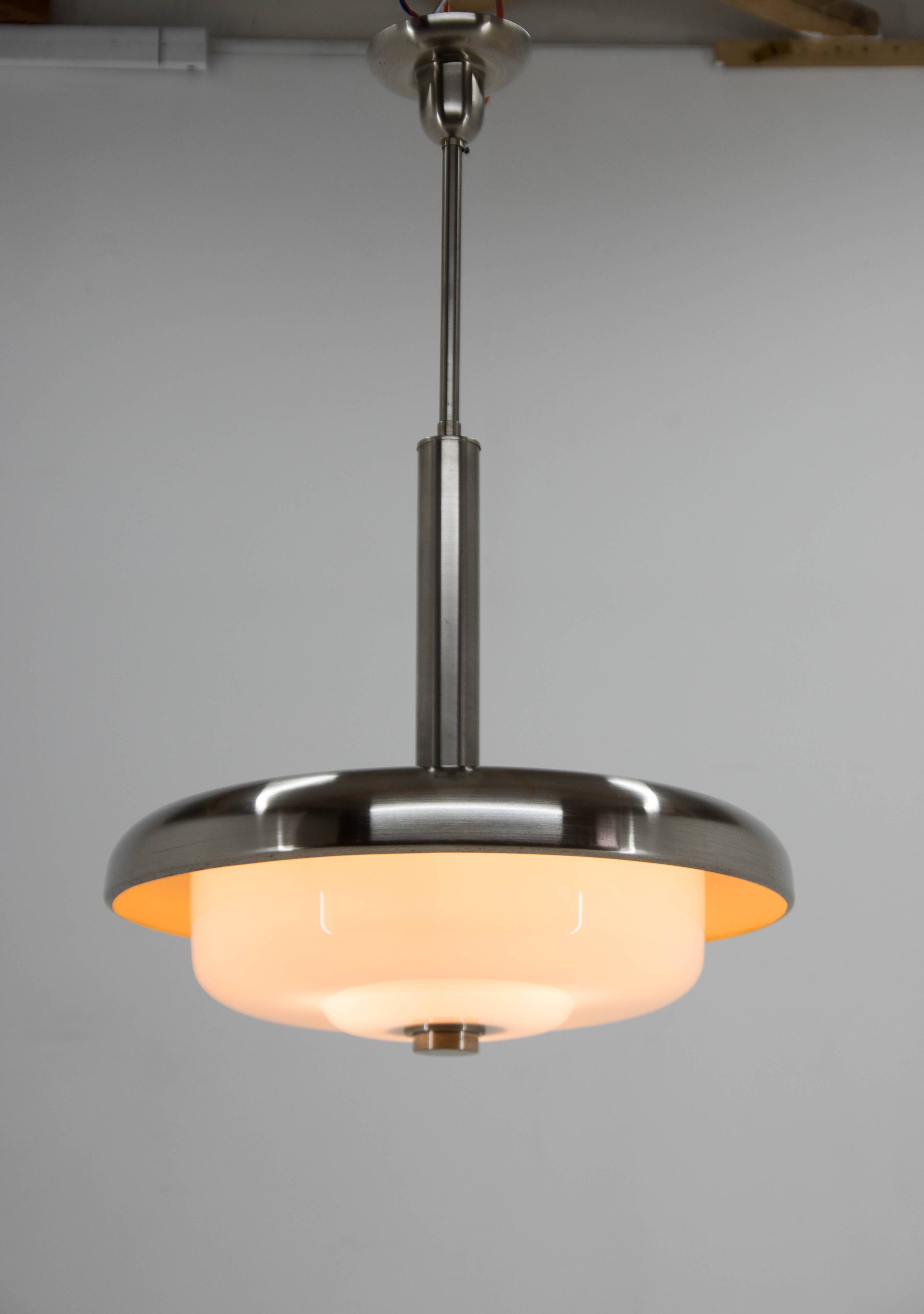 Bauhaus Chandelier by Franta Anyz, Opaline Glass, Nickel-Plated, 1930s
