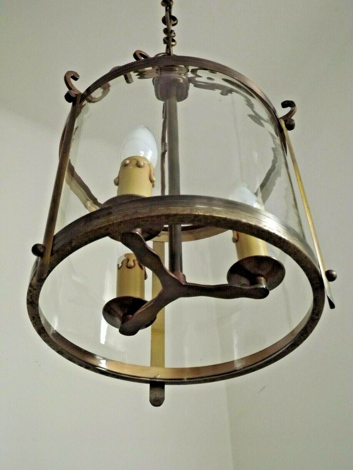 Large Vintage French Brass Cylindrical Glass 3 Light Hanging Hall Lantern