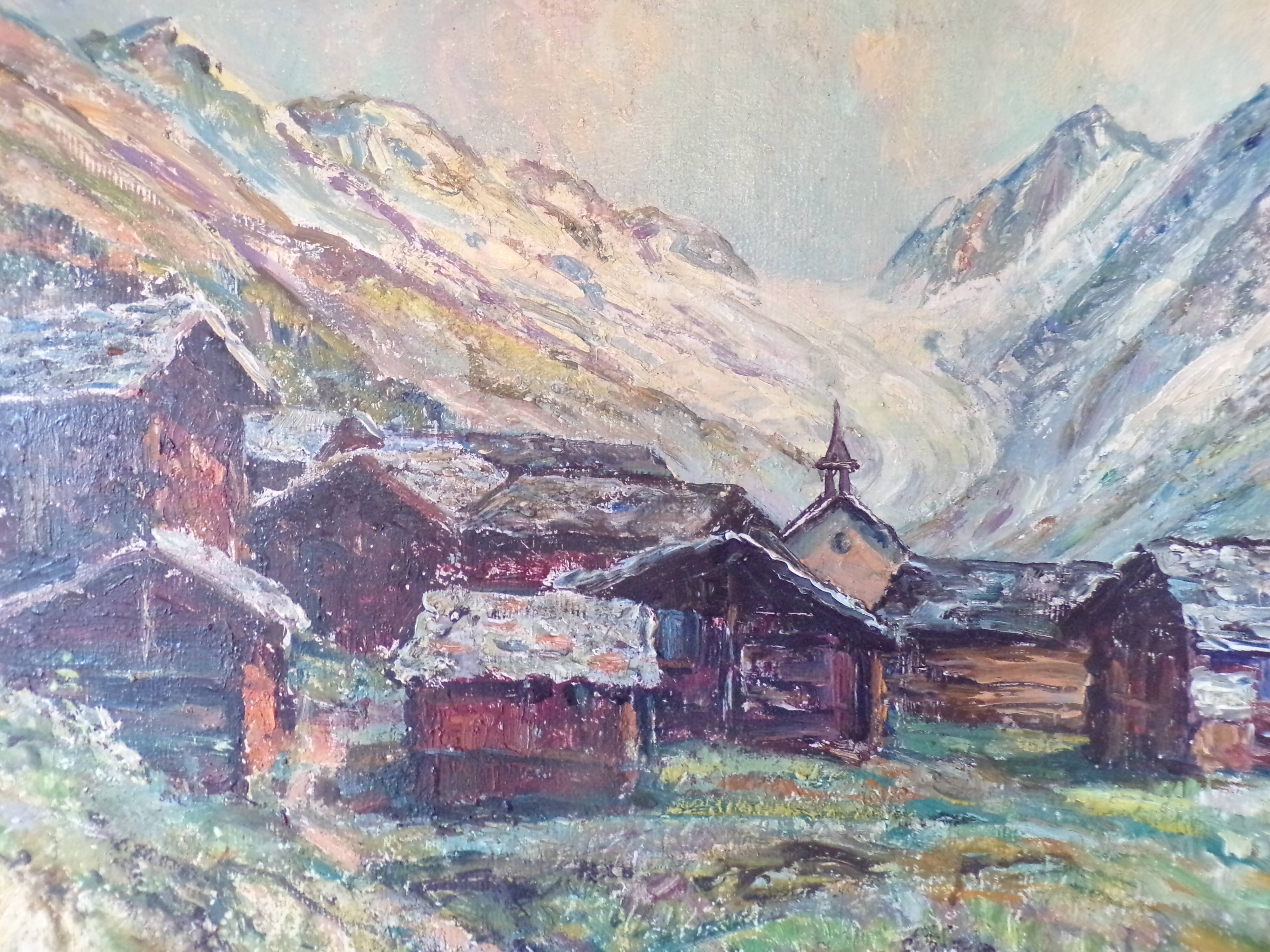 Huile sur panneau "Paysage village Alpin "