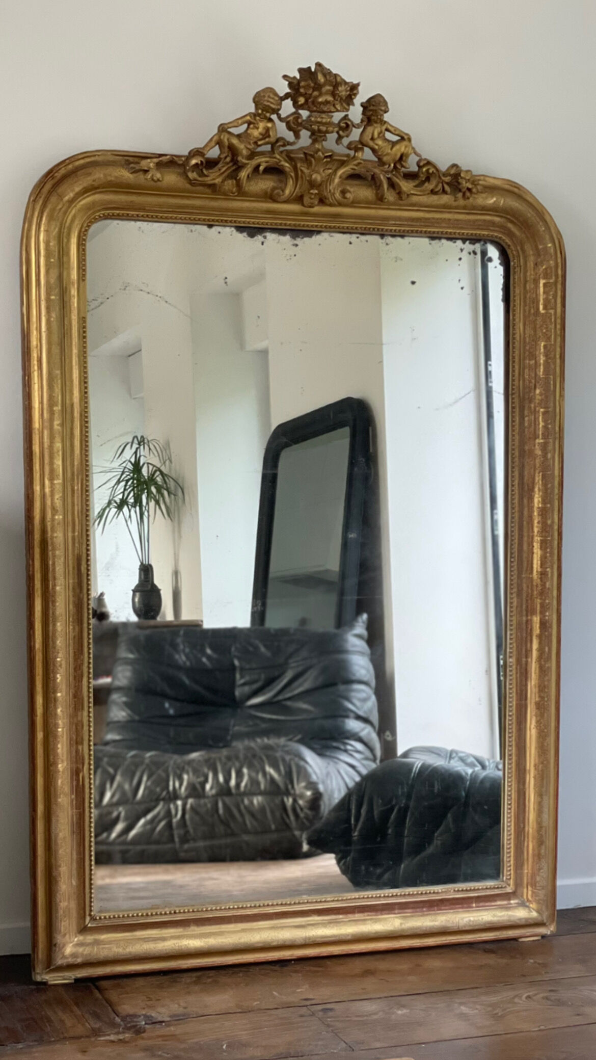 Old mirror louis Philippe gilded gold leaf pediment angels