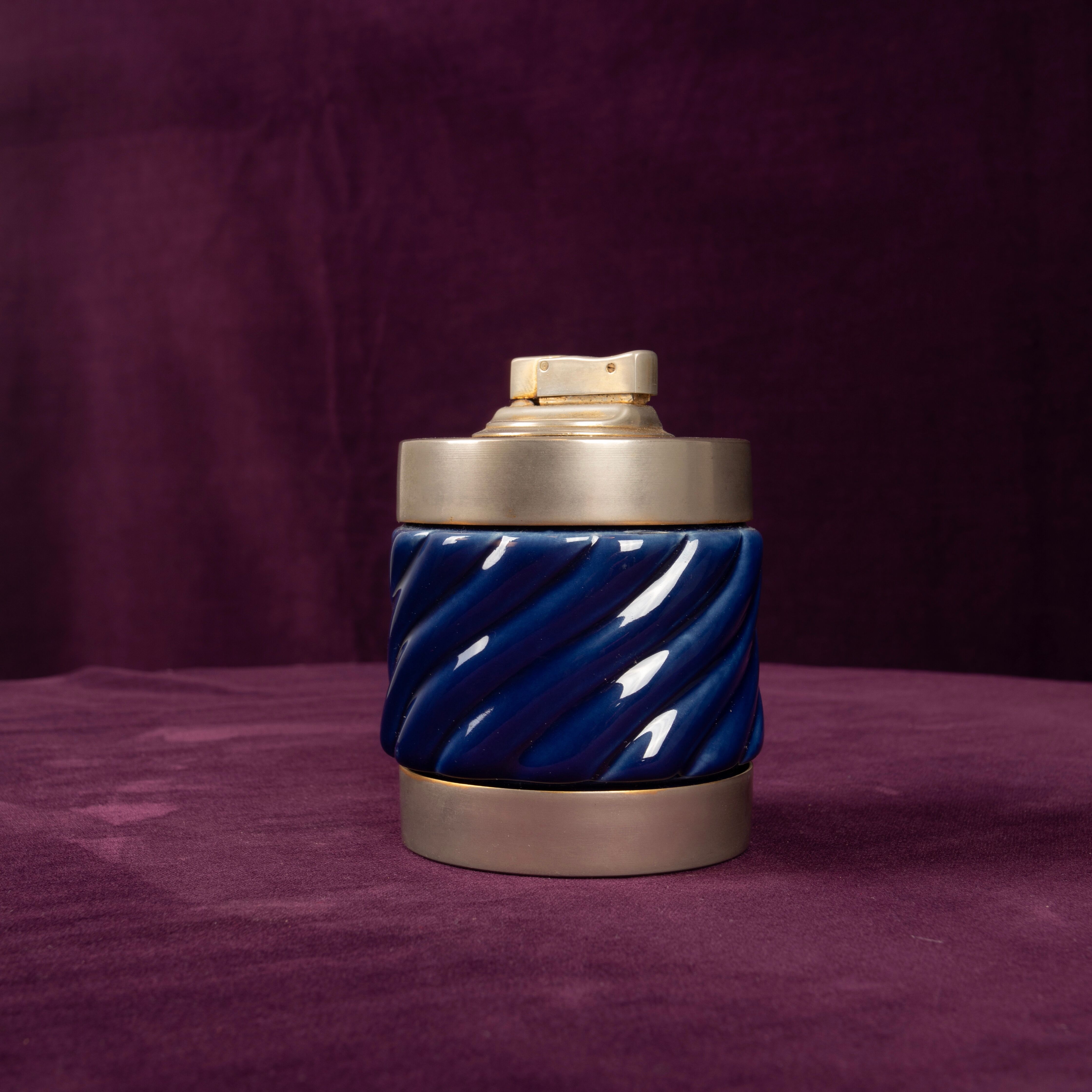 Tommaso Barbi Blue Glazed Ceramic and Brass-Toned Metal Table Lighter, 1970