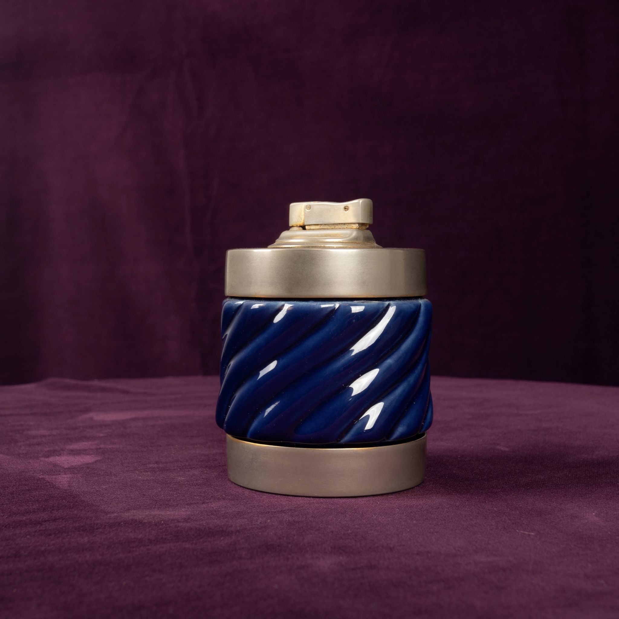 Tommaso Barbi Blue Glazed Ceramic and Brass-Toned Metal Table Lighter, 1970