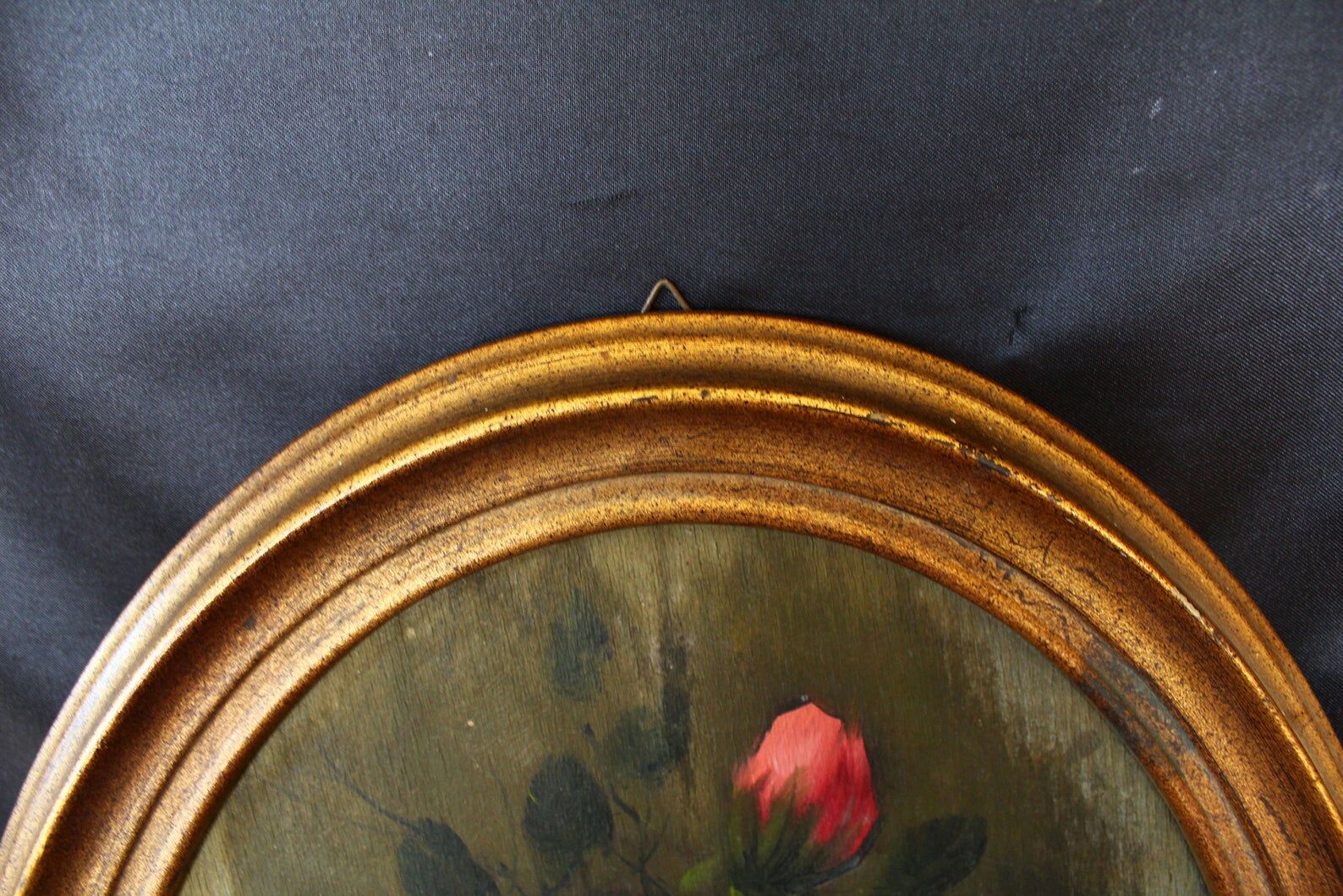 Antique vintage painting on wood, still life, oval frame, pink roses flower bouquet, signed, antique
