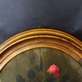 Antique vintage painting on wood, still life, oval frame, pink roses flower bouquet, signed, antique