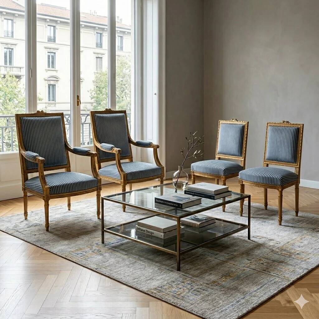 Chairs and antique armchairs in neoclassical style from the 19th century.