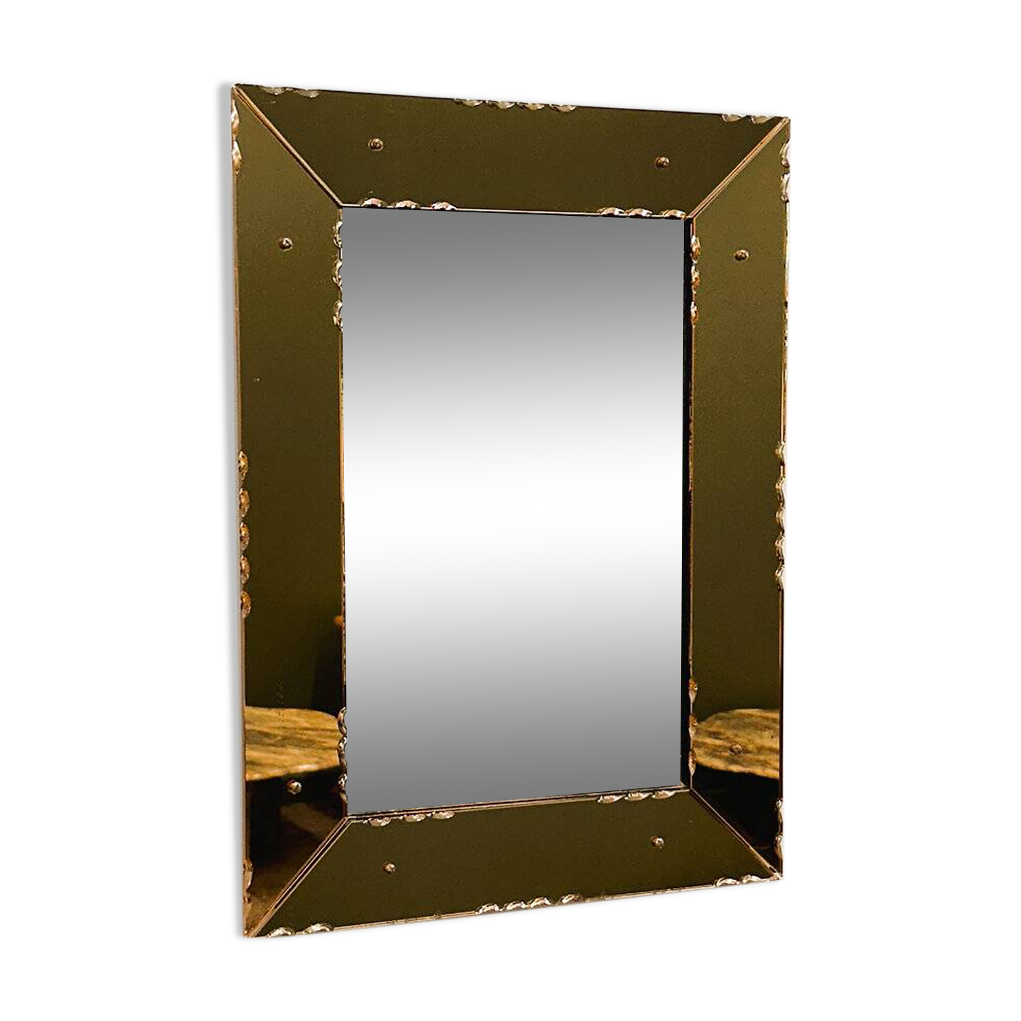 Striking French amber-coloured mirror with sculpted edge details, 1940s