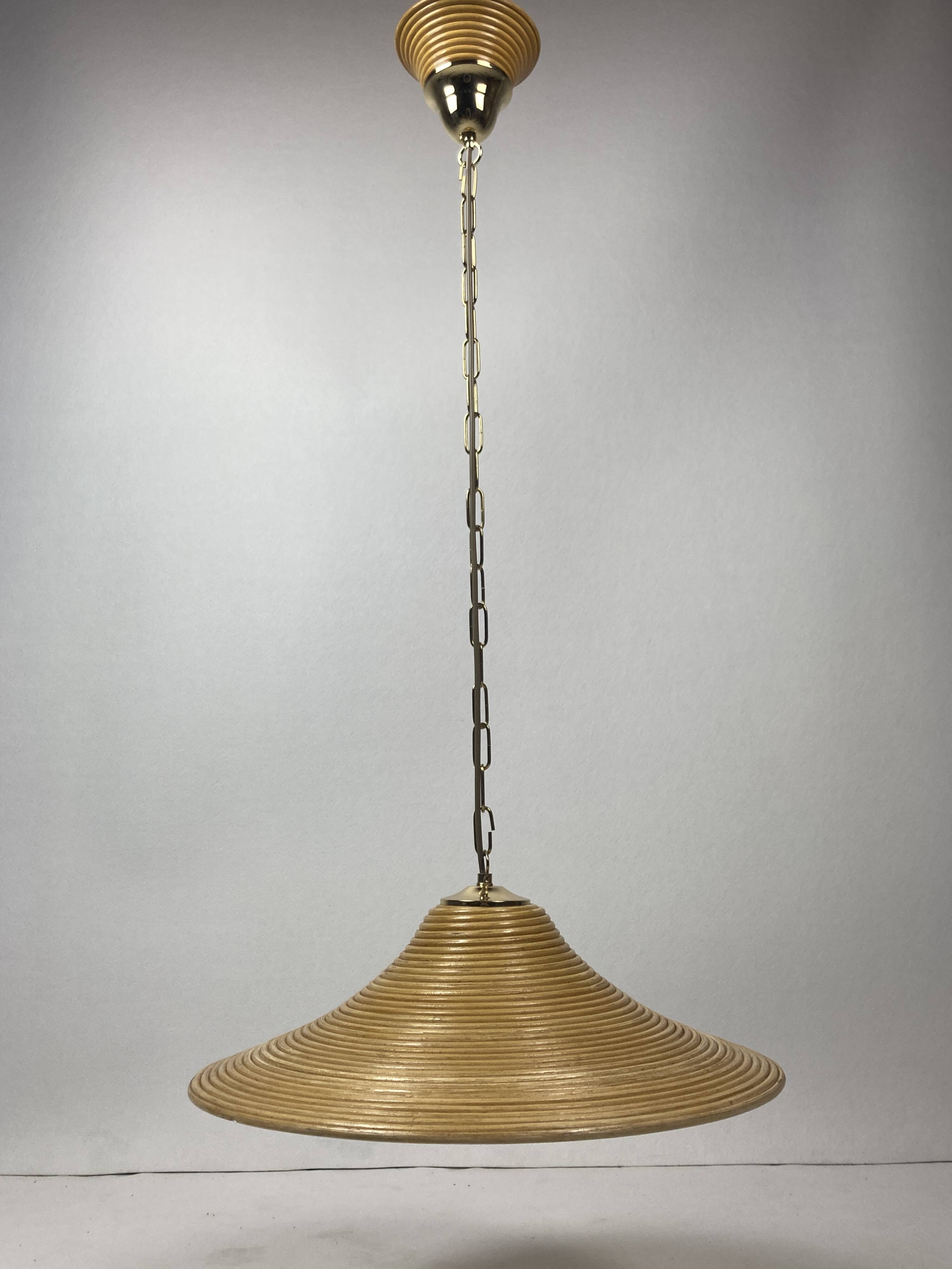 Pencil Reed Rattan Bamboo Hanging Pendant Lamps, Italy, 1970s, Set of 2