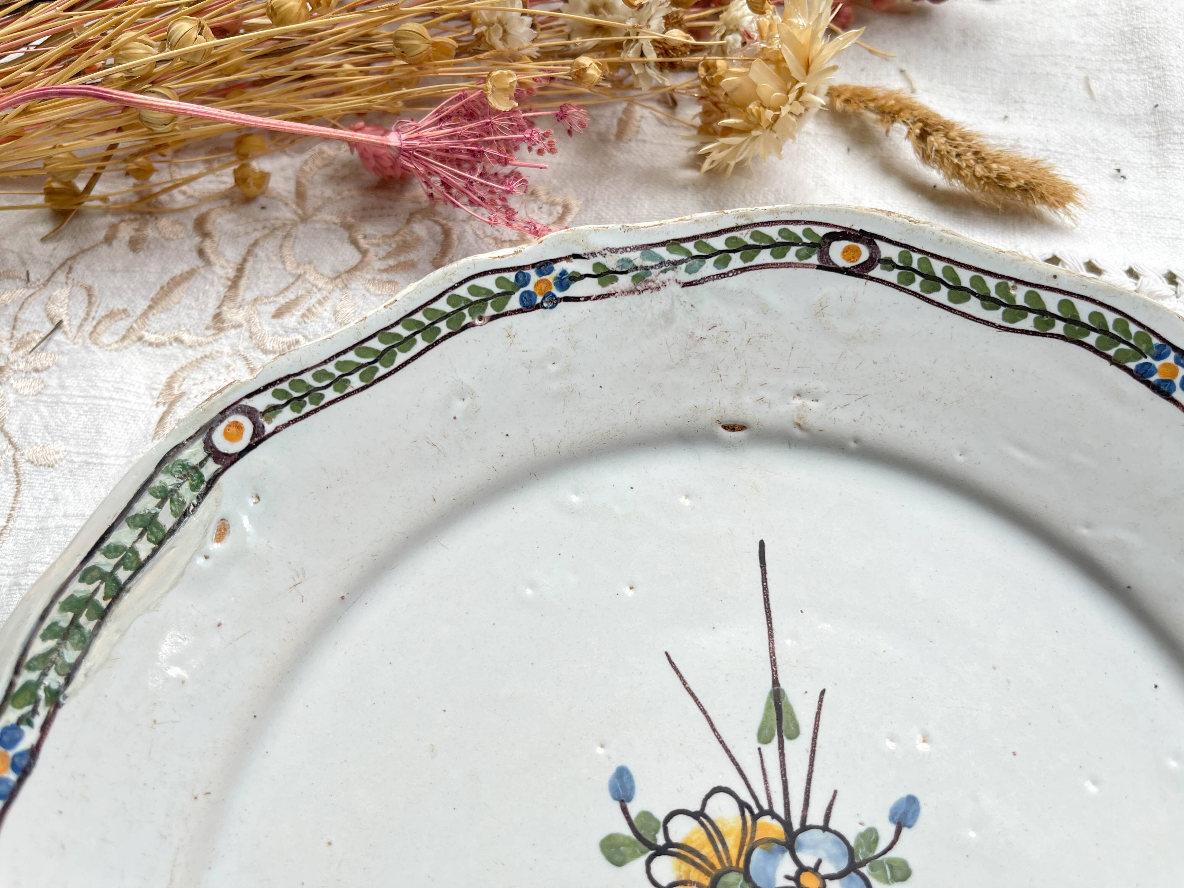 Antique French Earthenware Plate 18th Century NEVERS Floral Pattern