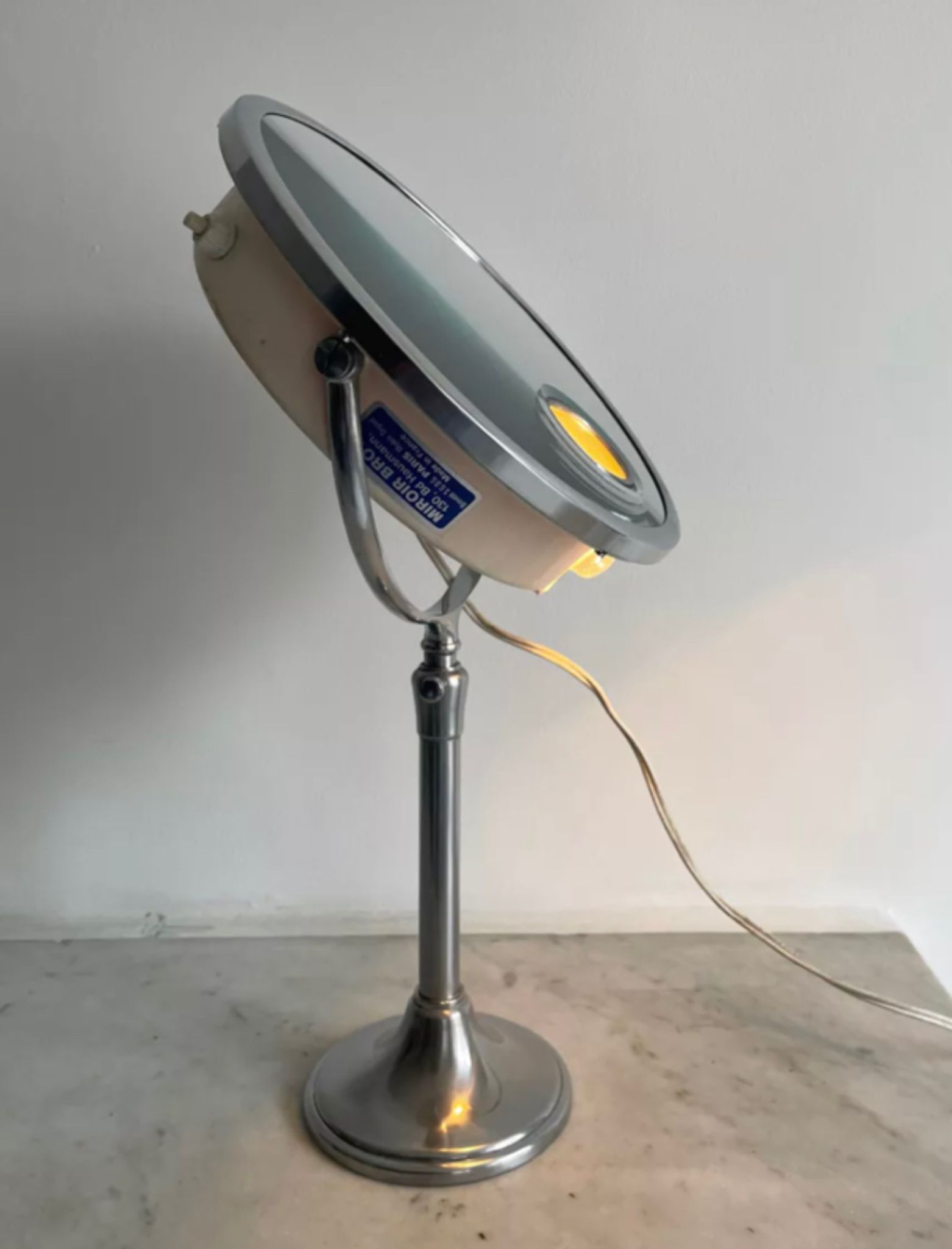 Vintage chrome Brot mirror, magnifying and illuminating, on adjustable stand, France 1960