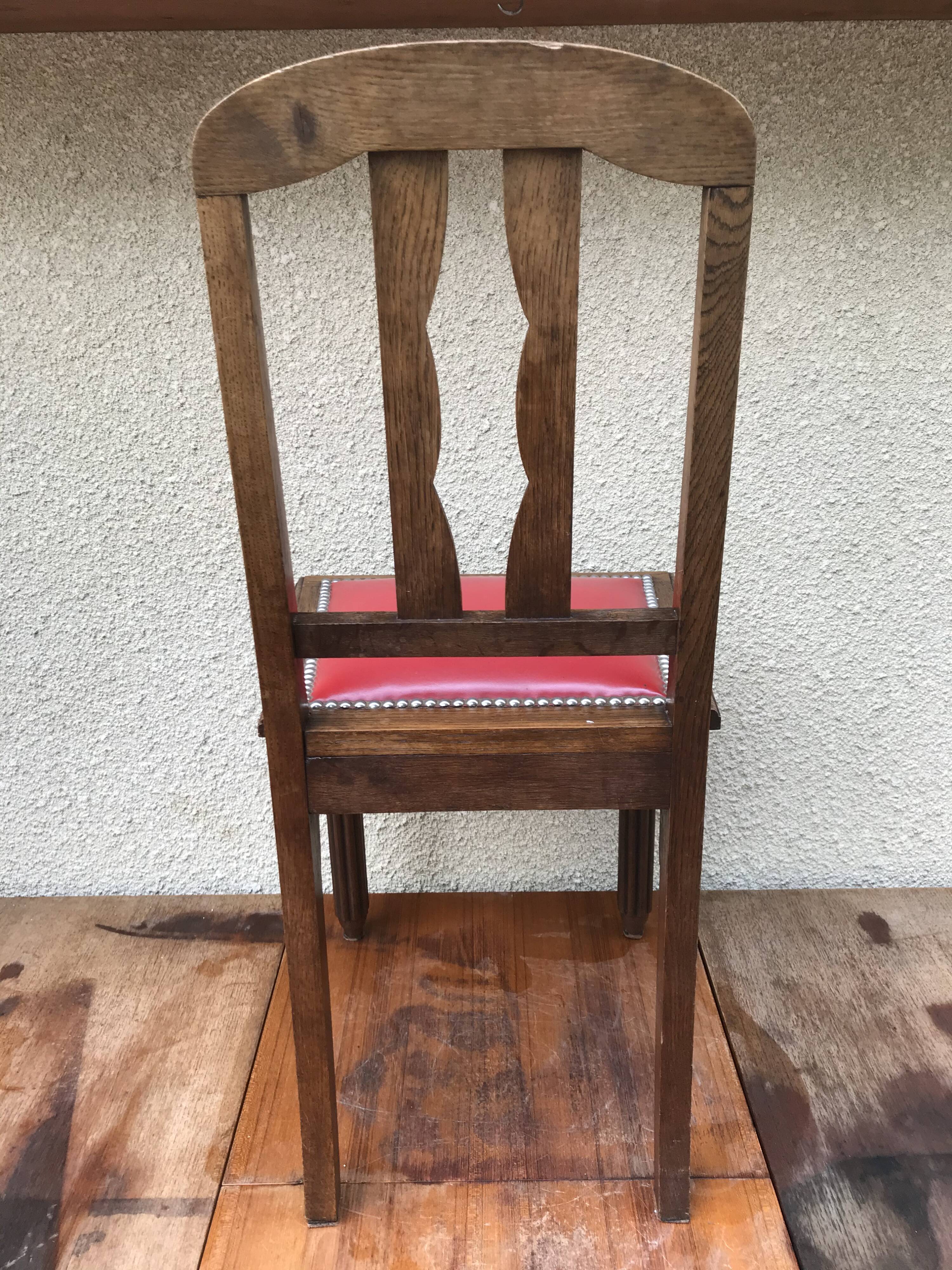 Pair of old chairs art deco in sculpted wood & vintage red leather seat