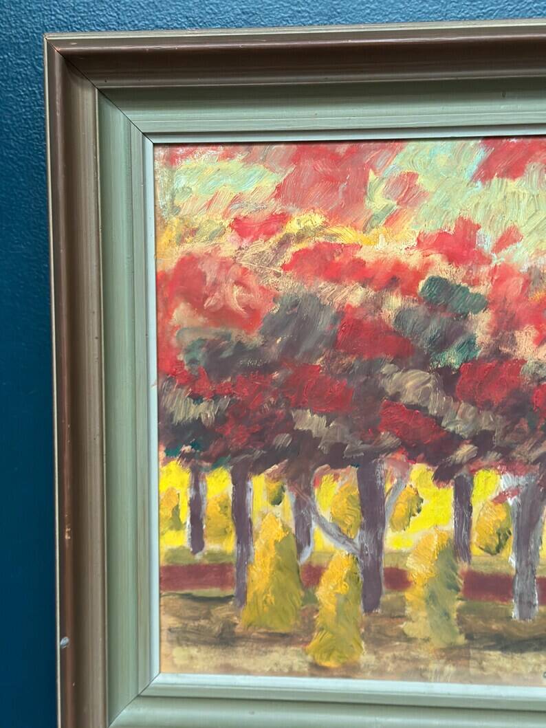 Huile sur panneau originale suédoise "Forêt", signée, vintage et encadrée.