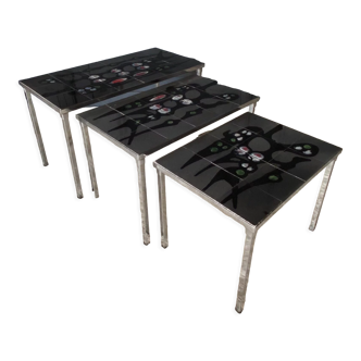 Suite of 3 nesting tables 1960 in ceramic abstract decoration metal chrome