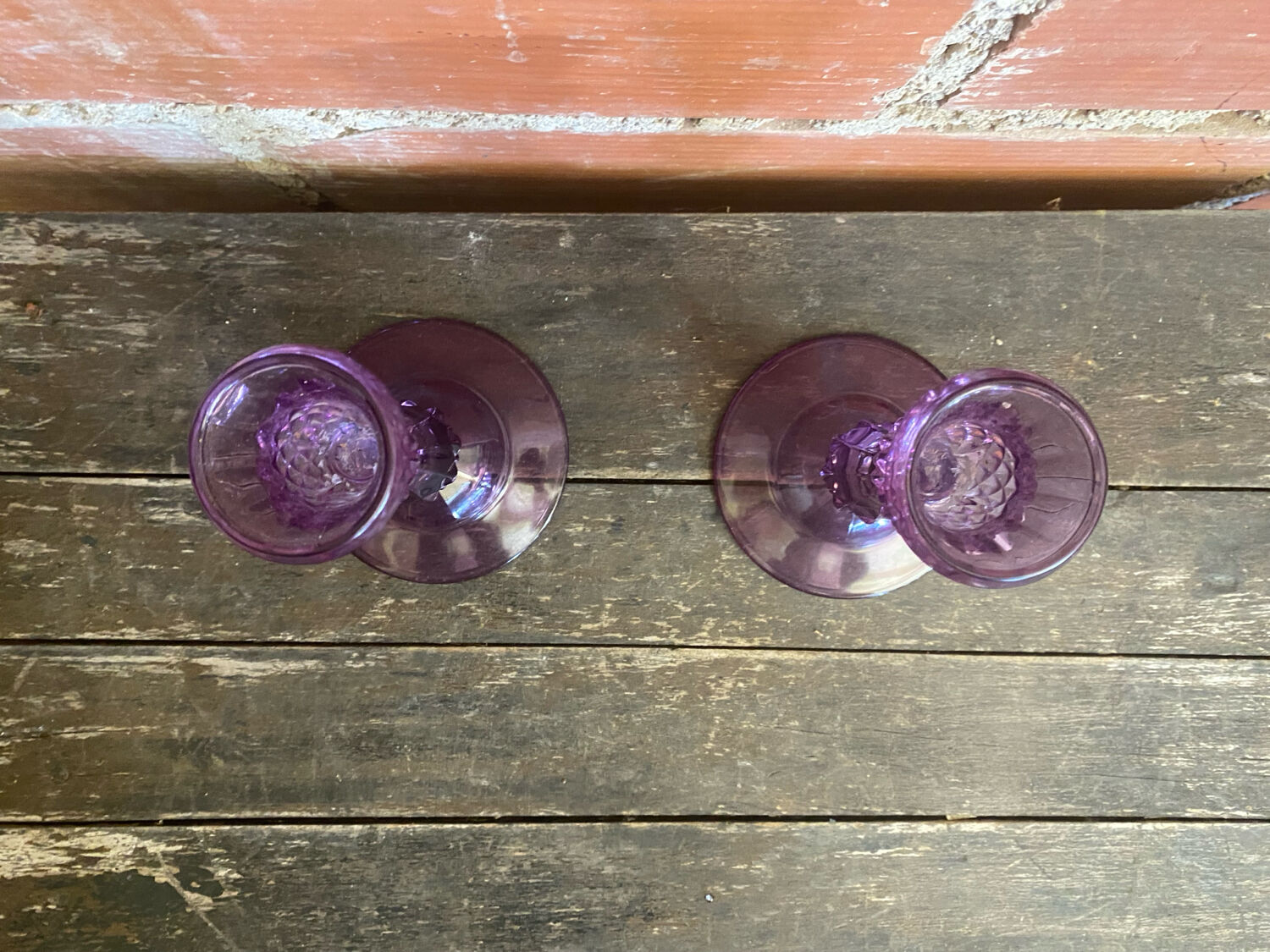 Pair of Antique CRISTAL D’ARQUES Candle Holders Moulded Purple Glass Vintage