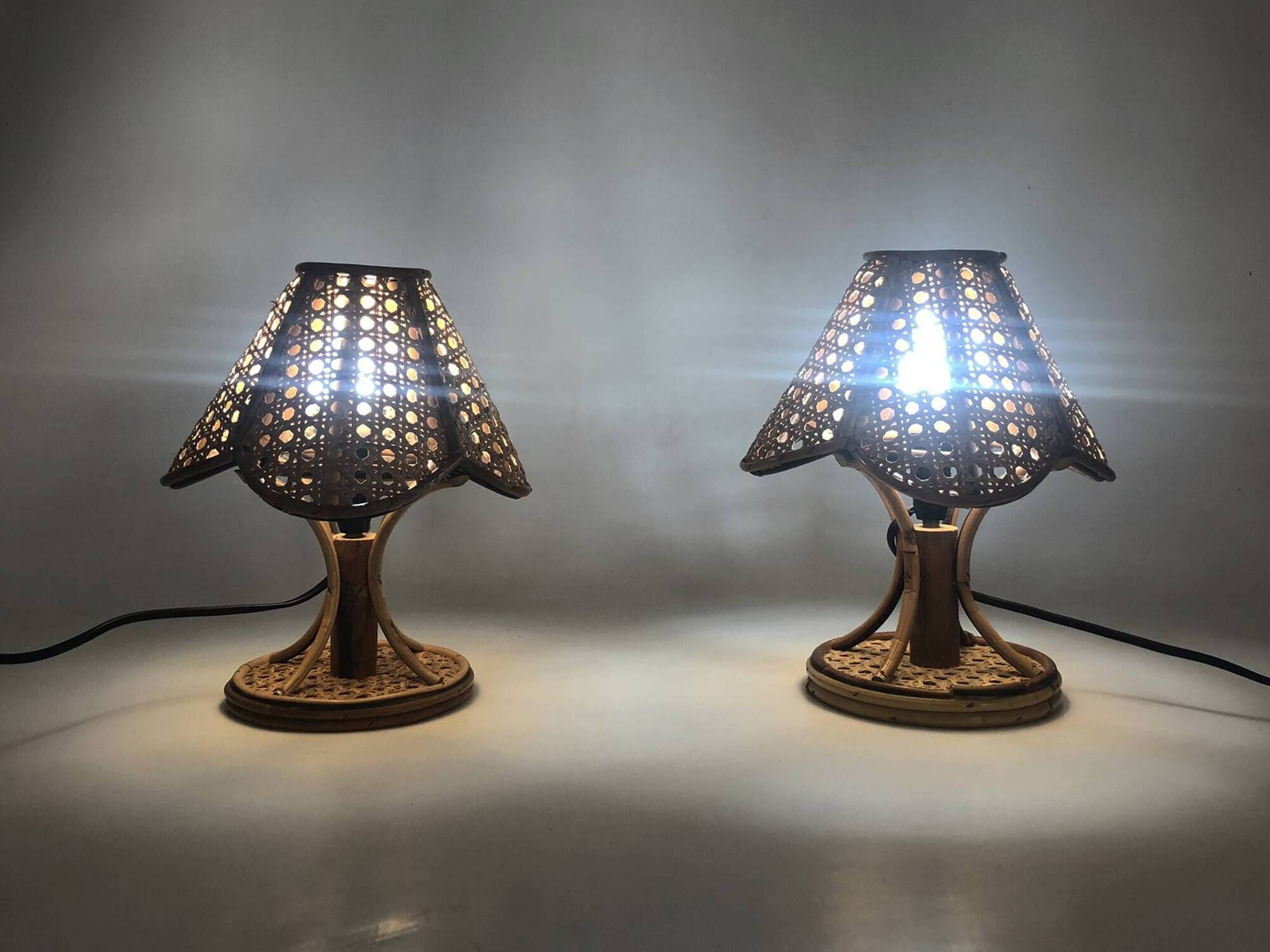 Pair of bamboo rattan caned lamps. Italy 1950s 1960s.