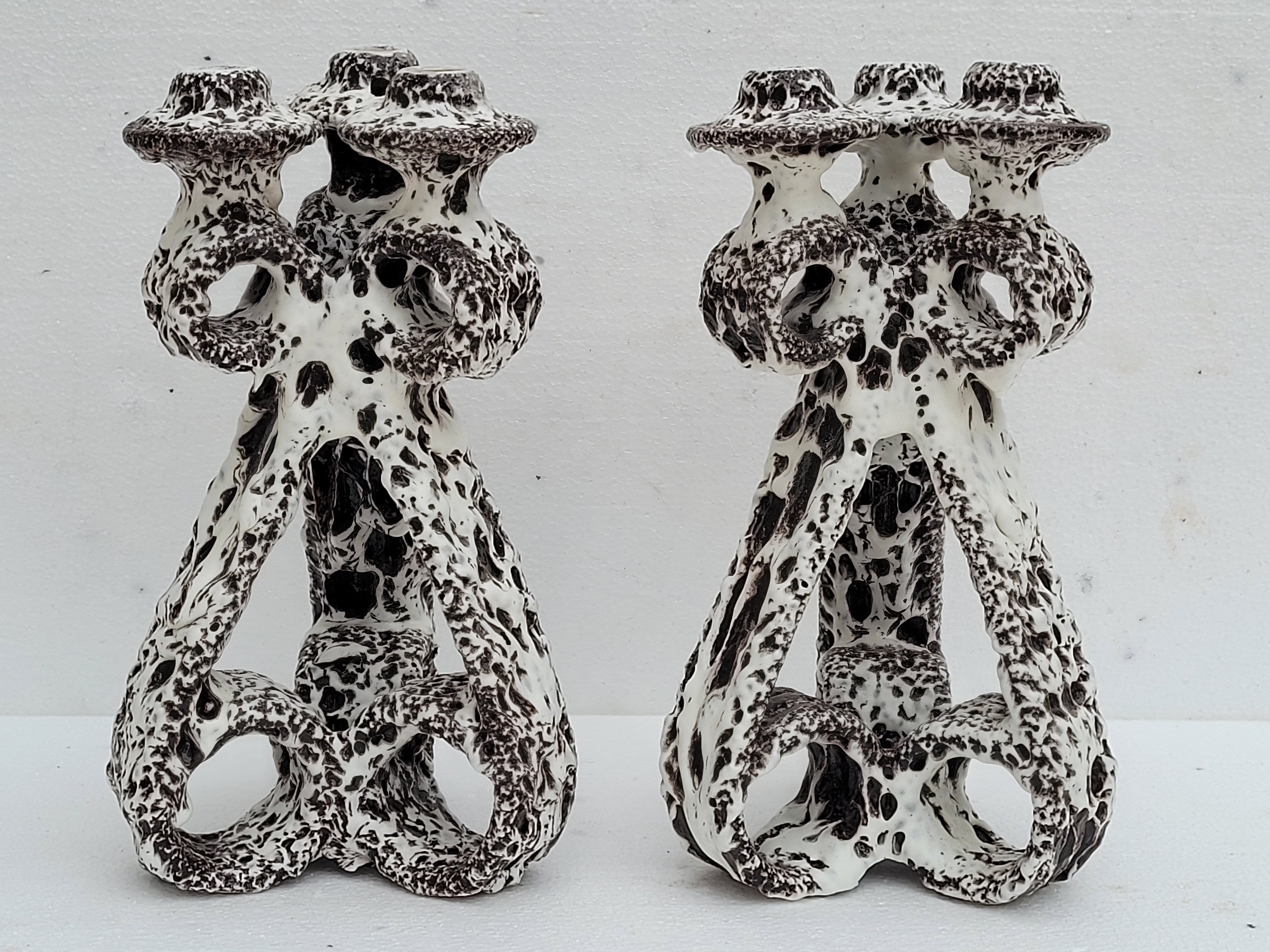 Pair of three-burner candelabra candlesticks by Marius Giuge glazed ceramic Vallauris 1950