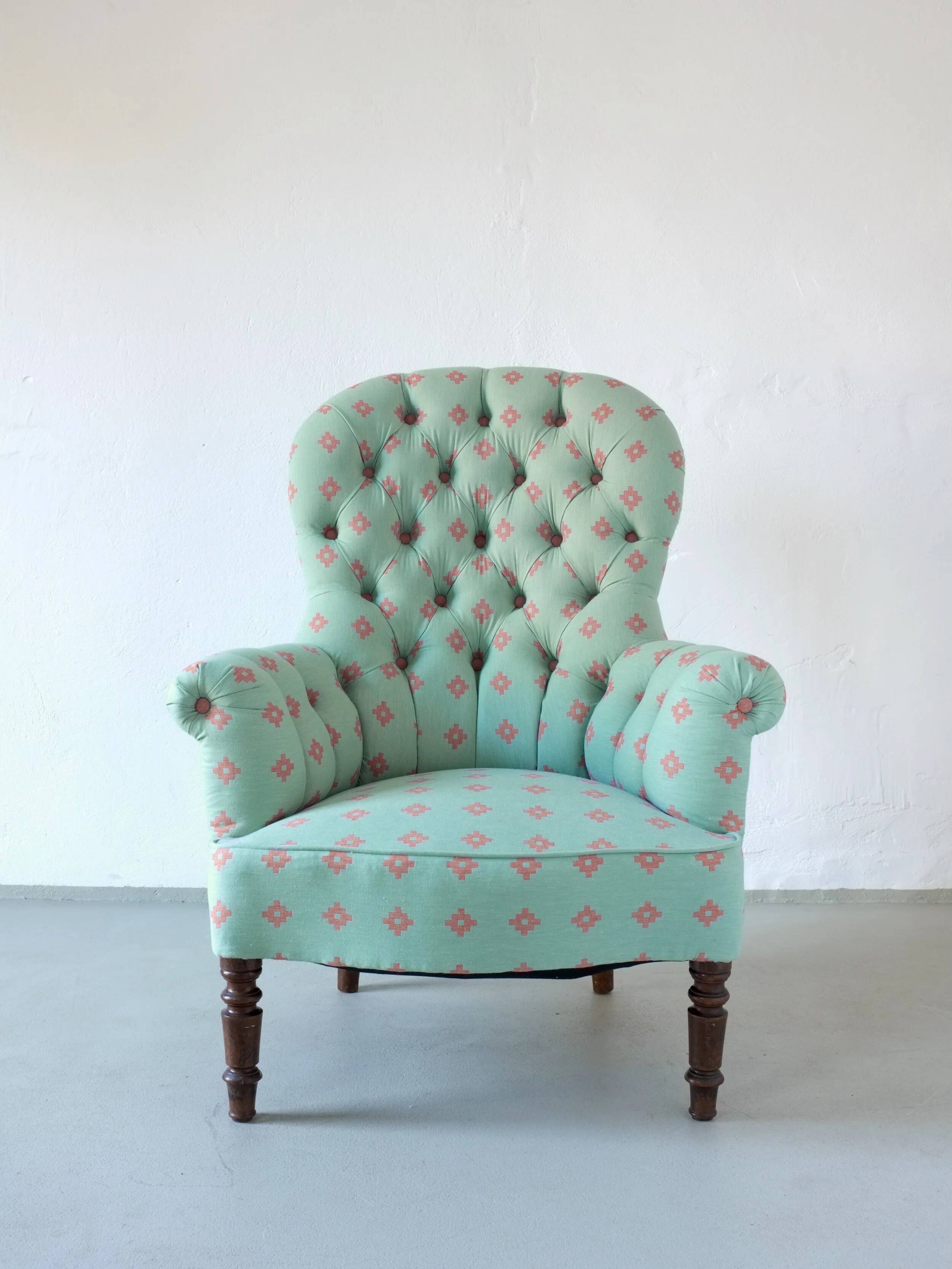 Vintage green coral button back armchair | Belgium