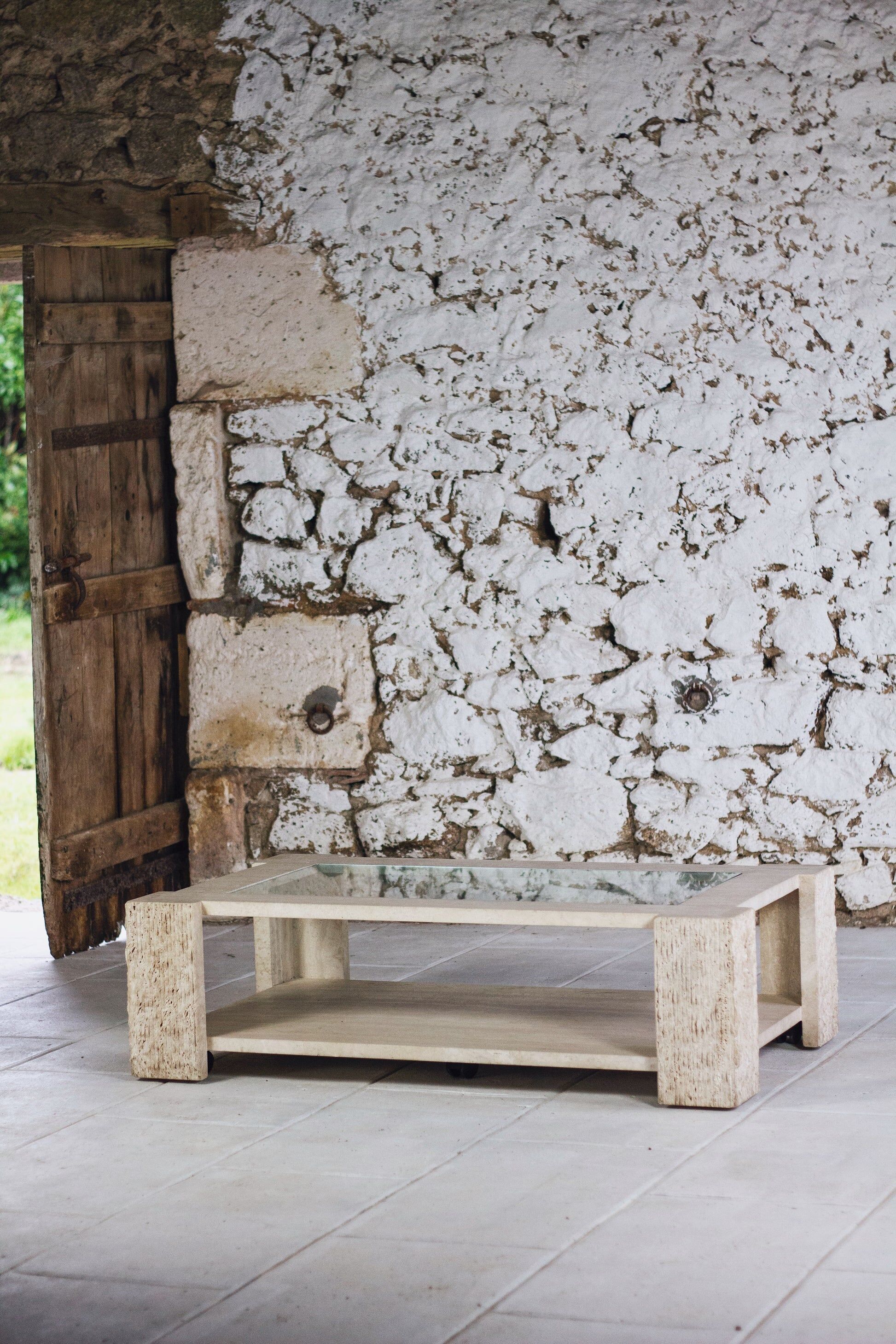 Coffee table in travertine and glass by Claude Berraldacci