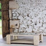 Coffee table in travertine and glass by Claude Berraldacci