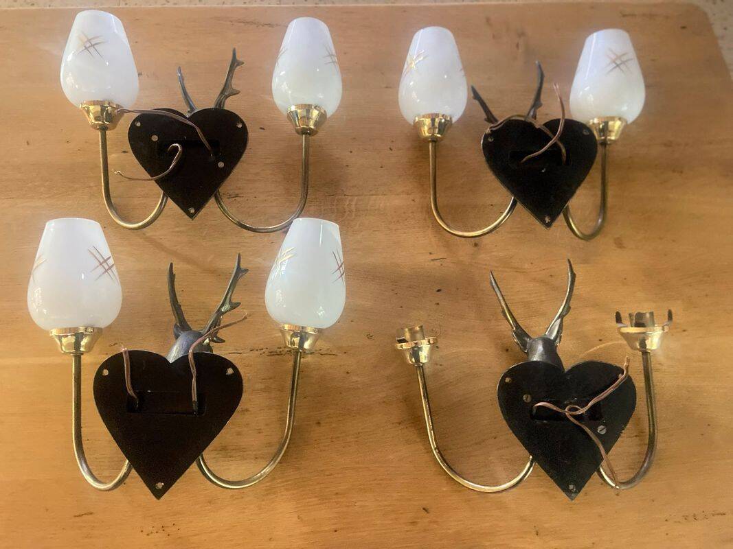 4 Wall lights with 2 arms 1960s deer head Decor hunting hunter brass