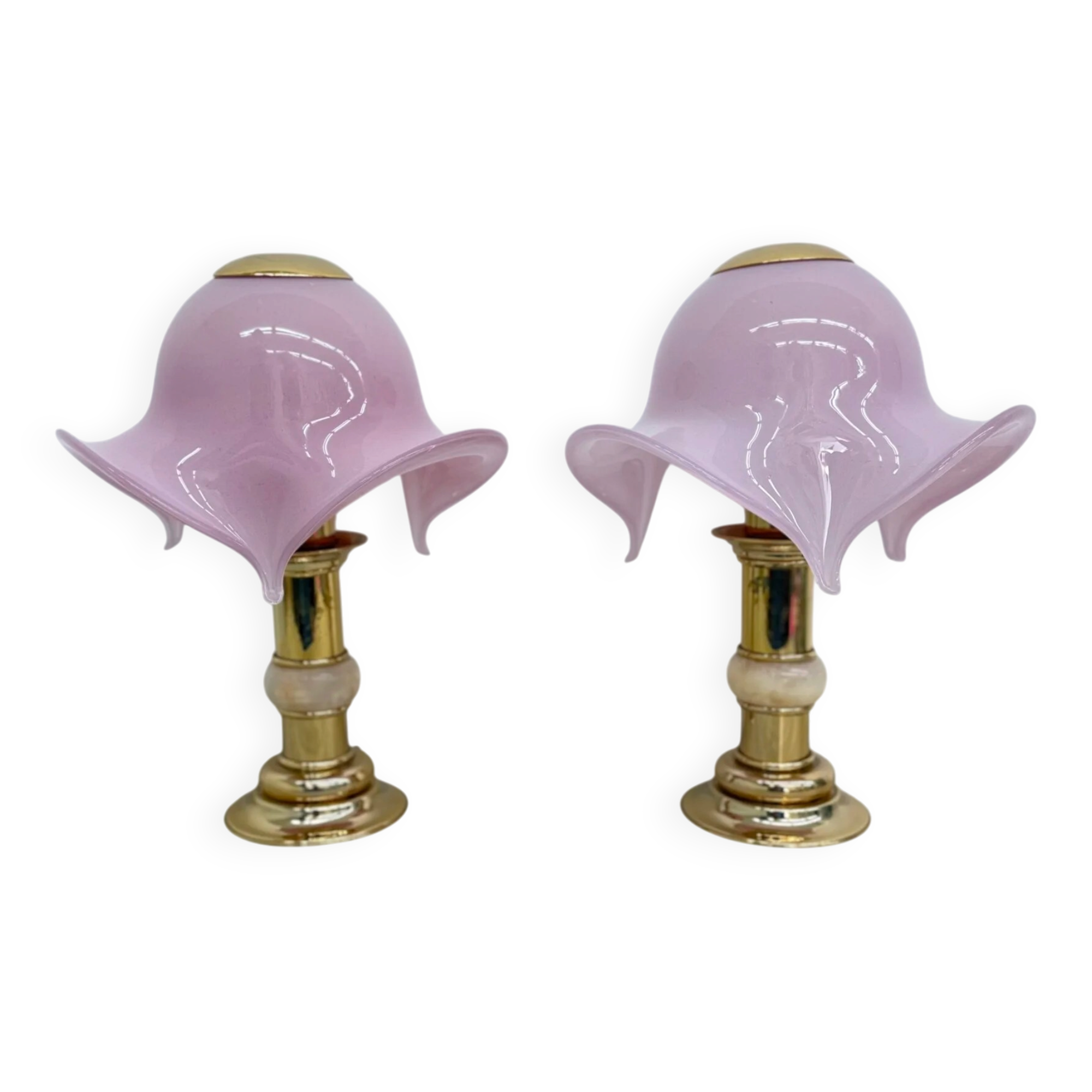 Ensemble de 2 lampes de table en verre de Murano rose avec des détails en albâtre, années 1970.