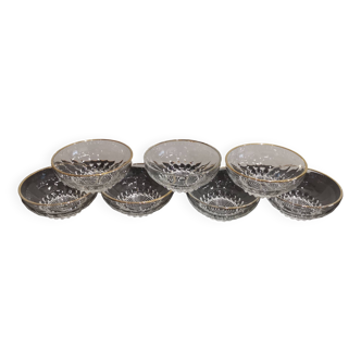 Set of 7 pretty glass dessert bowls with gold edging