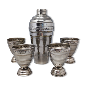 Ensemble de shakers à cocktail des années 1950 avec quatre verres en acier inoxydable, fabriqué en italie
