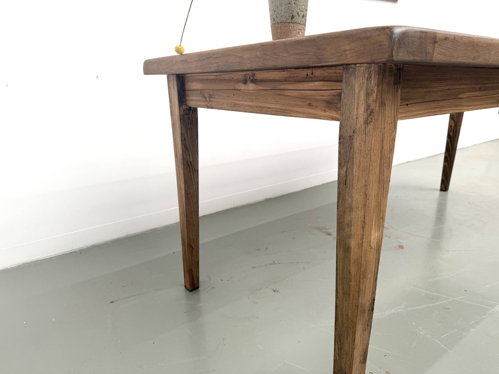 Farm table, solid oak top with dowel joints.