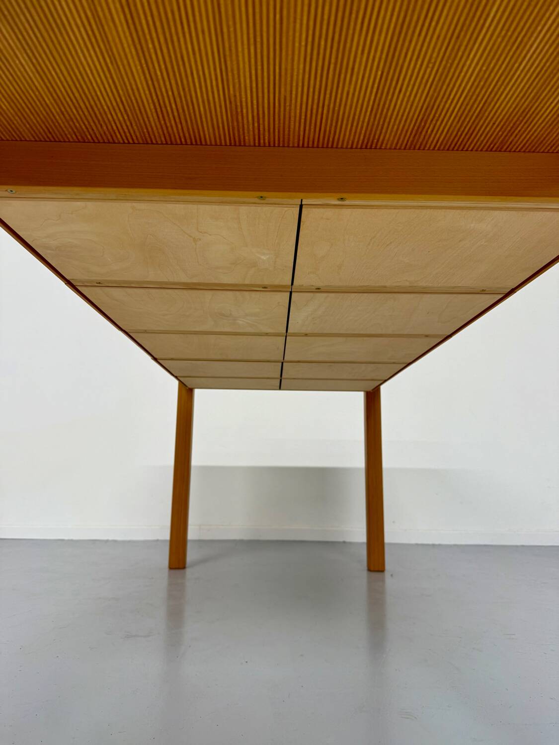 Post-modern striped wood table with drawers, design 80.