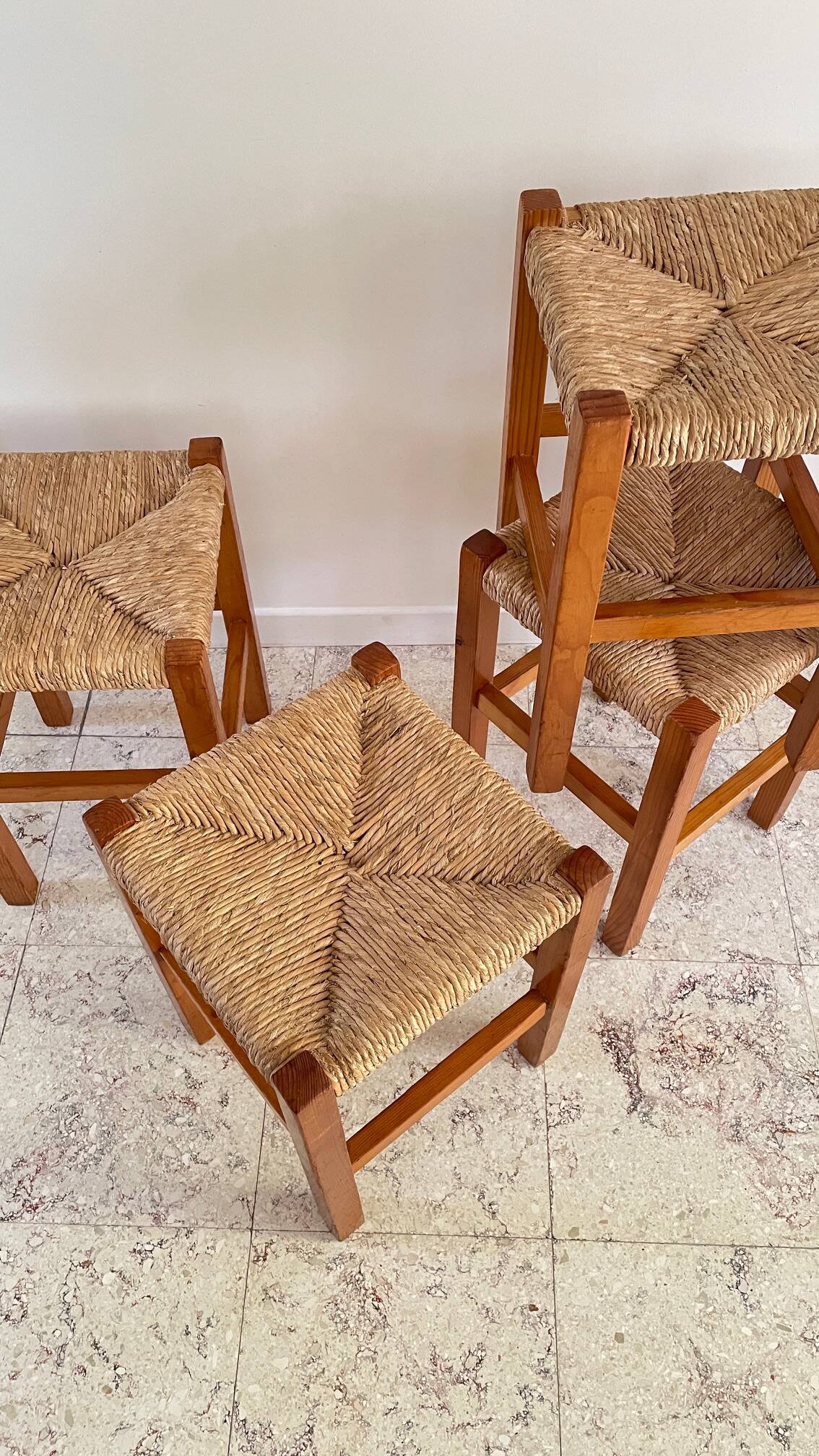 Pair of vintage wooden and straw stools