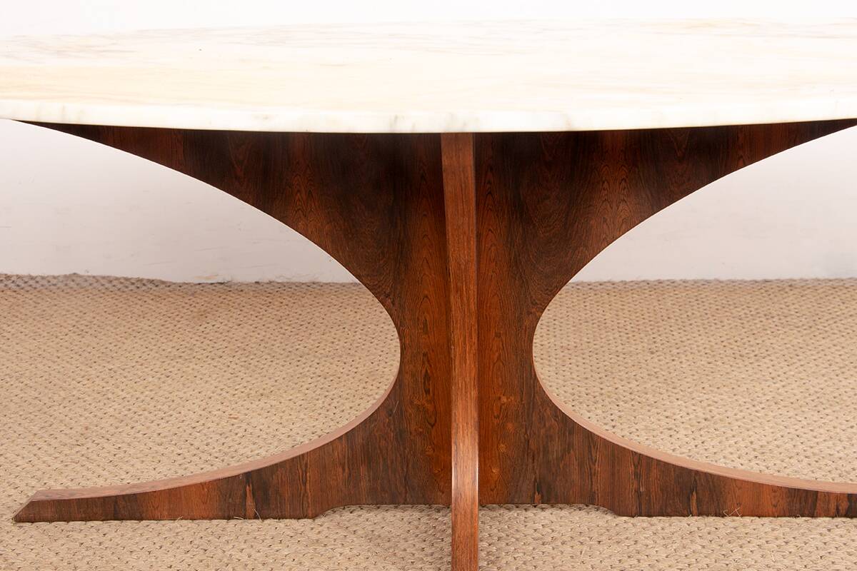 Oval coffee table in Carrara marble and rosewood, Hugues Poignant 1960