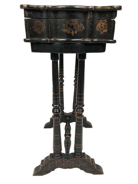 Small table with Napoleon III work, wood and boiled cardboard decorated with flowers painted with flowers