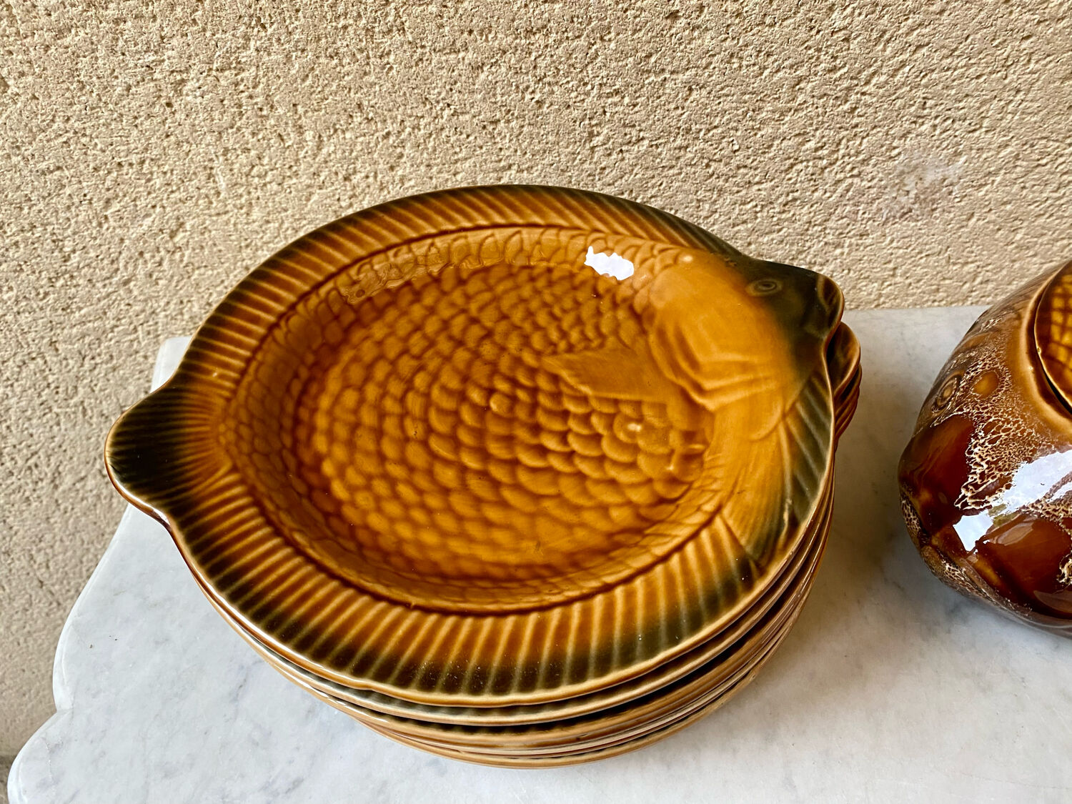 Fish service 8 plates and ceramic soup slurry Sarreguemines vintage 60