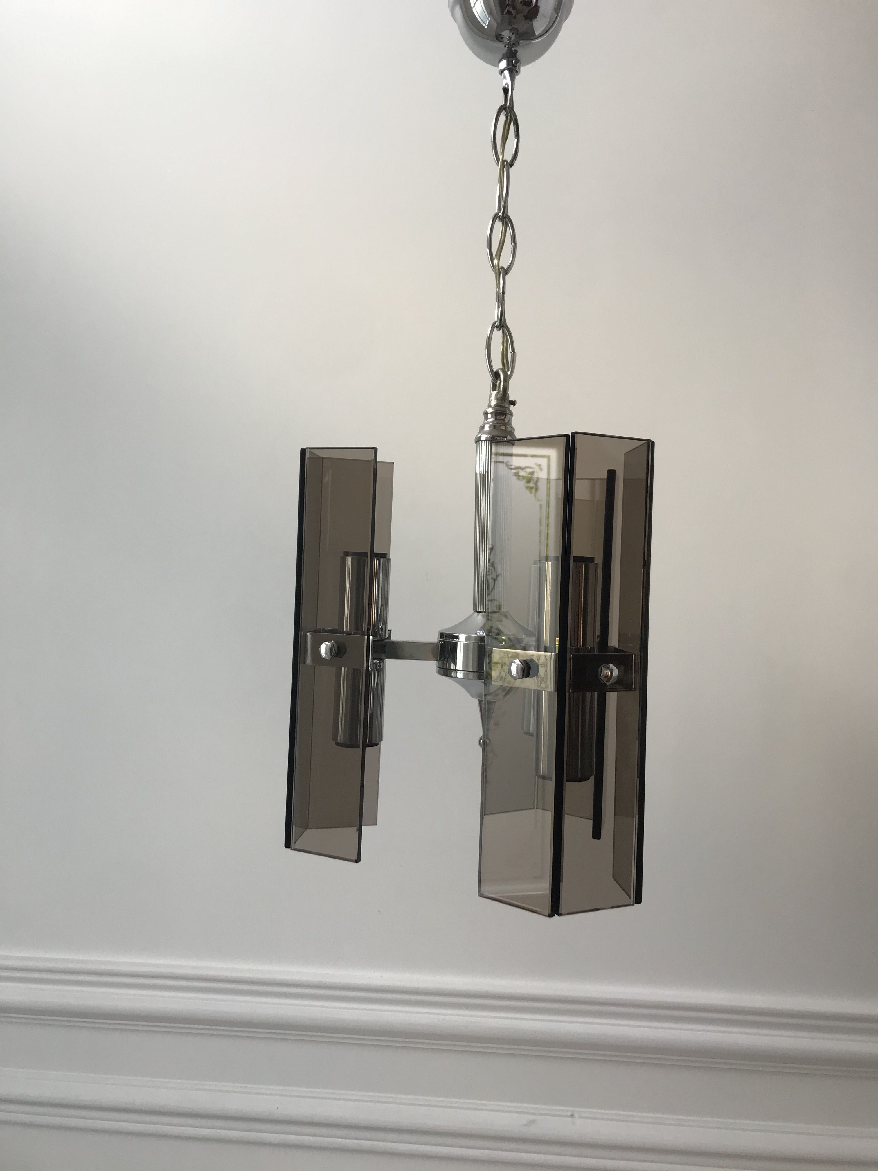 Chrome metal pendant lamp and smoked glass futuristic style 70s