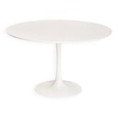 Table ronde vintage pied tulip de Maurice Burke pour Arkana. Aluminium + bois laqué. Royaume-Uni, 60