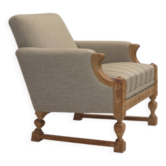 Fauteuil danois des années 1970, laine d'ameublement beige d'origine, bois de chêne massif.