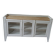 Vitrine, console vintage réenchantée en gris perle, plateau bois.