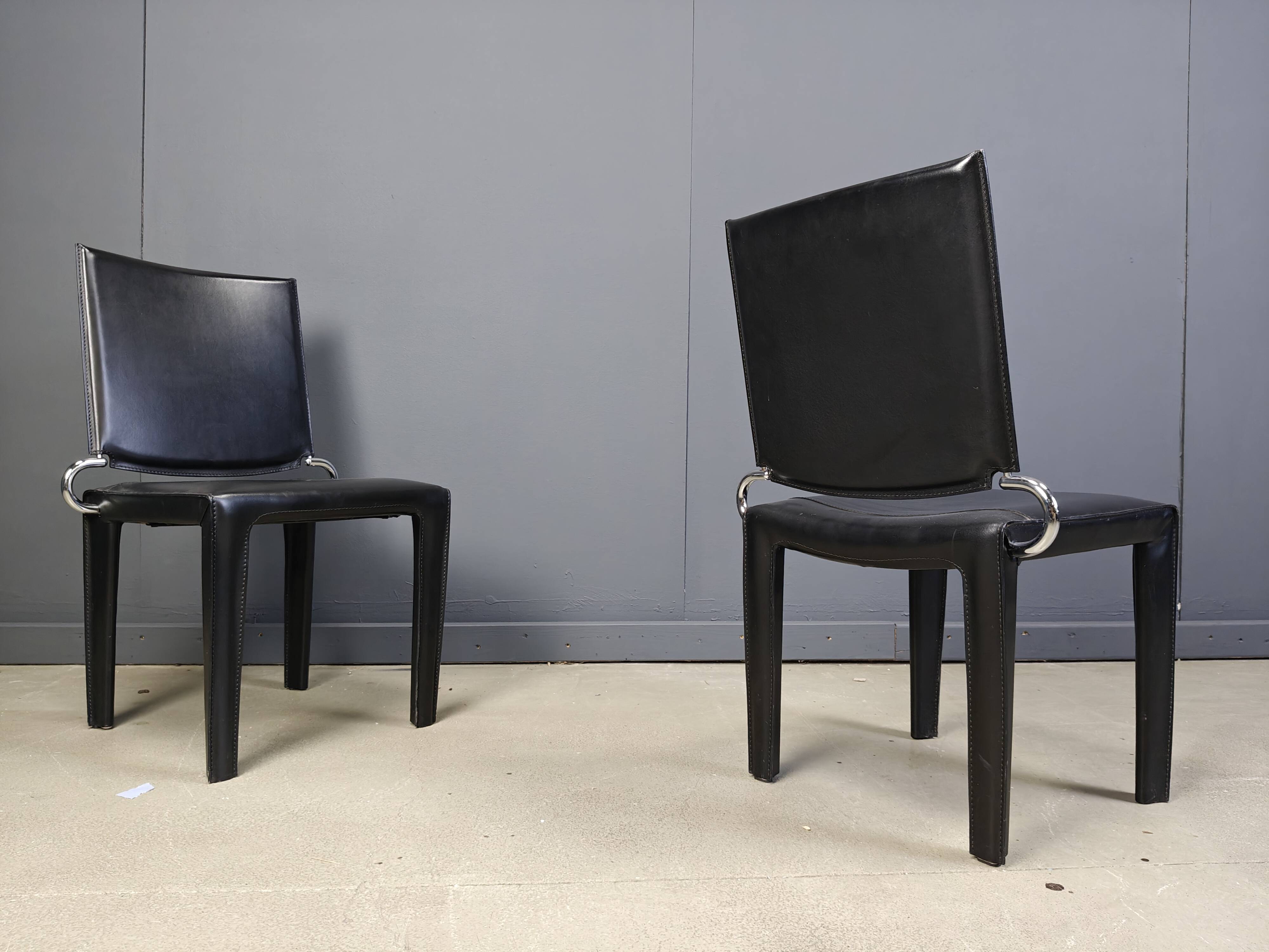 Black leather dining chairs by Arper italy, 1980s - set of 4