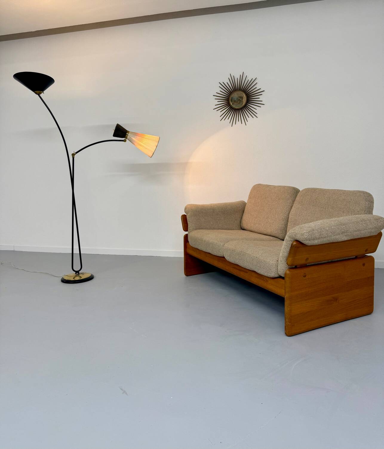 Old sofa in solid elm and vintage 80s design fabric Seltz France