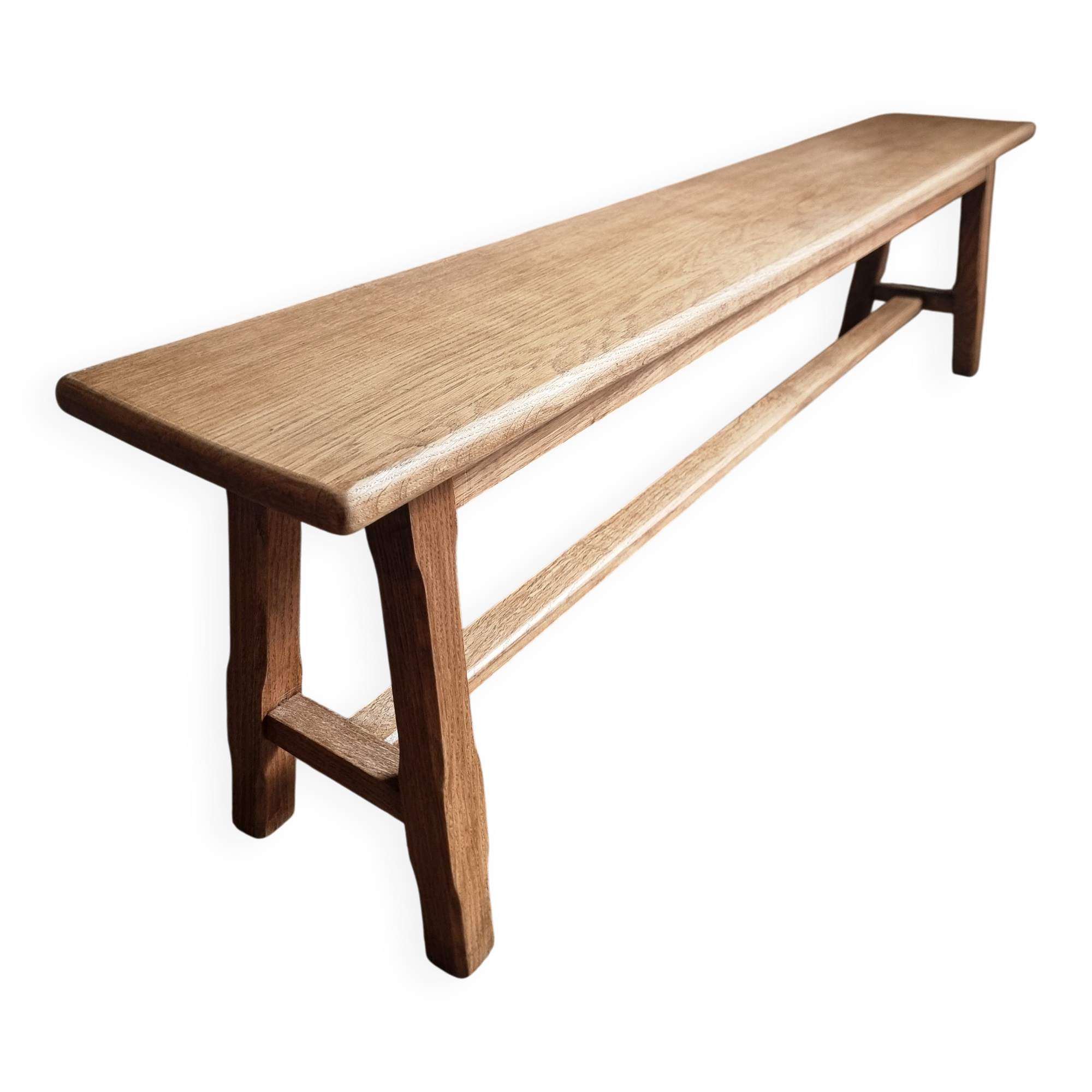 Vintage oak bench, solid wood dining bench, rustic farmhouse bench, French country style, circa 1950–1965.