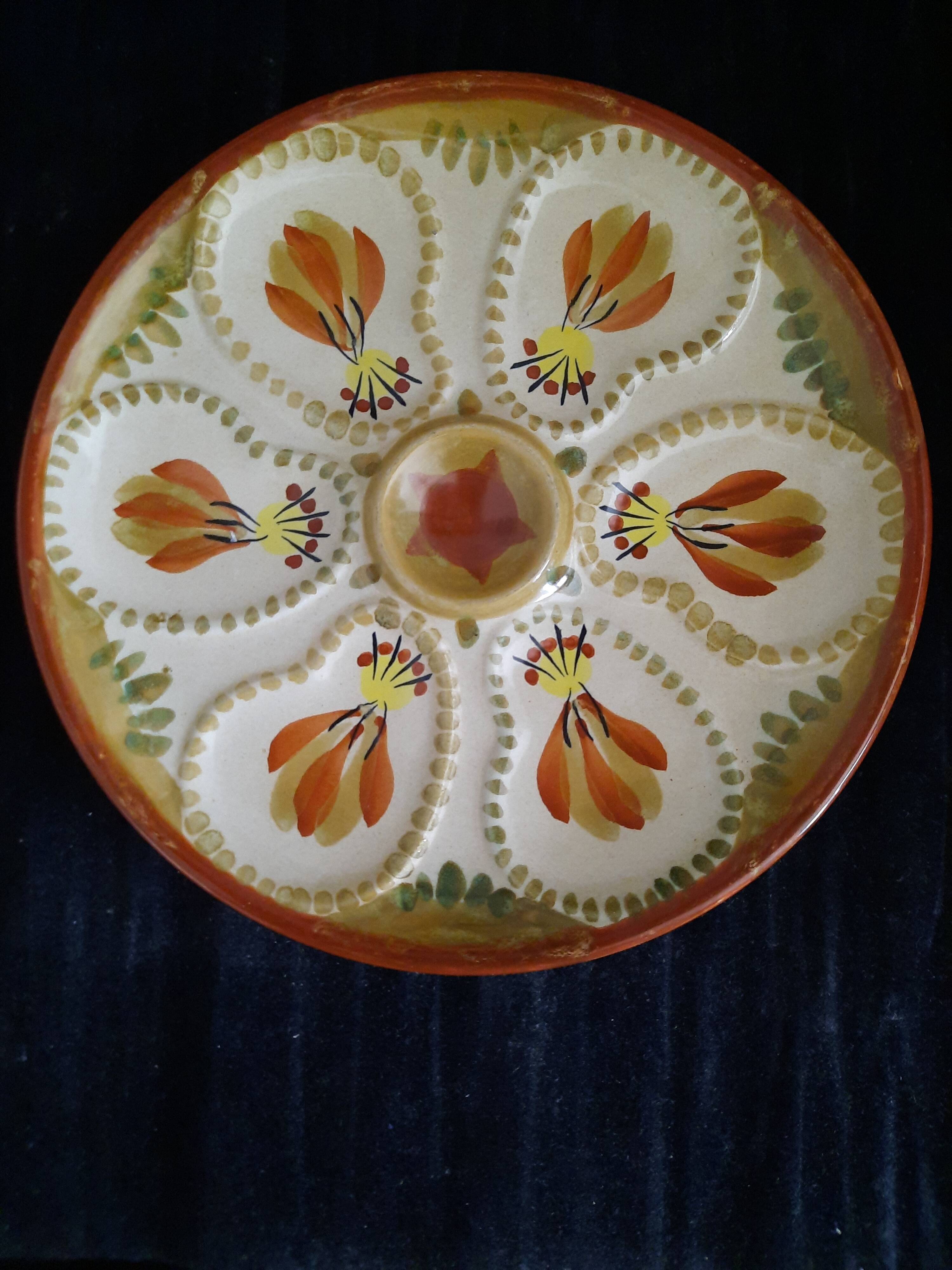 Assiette à huîtres hb henriot quimper grès 23 cm décor floral breton