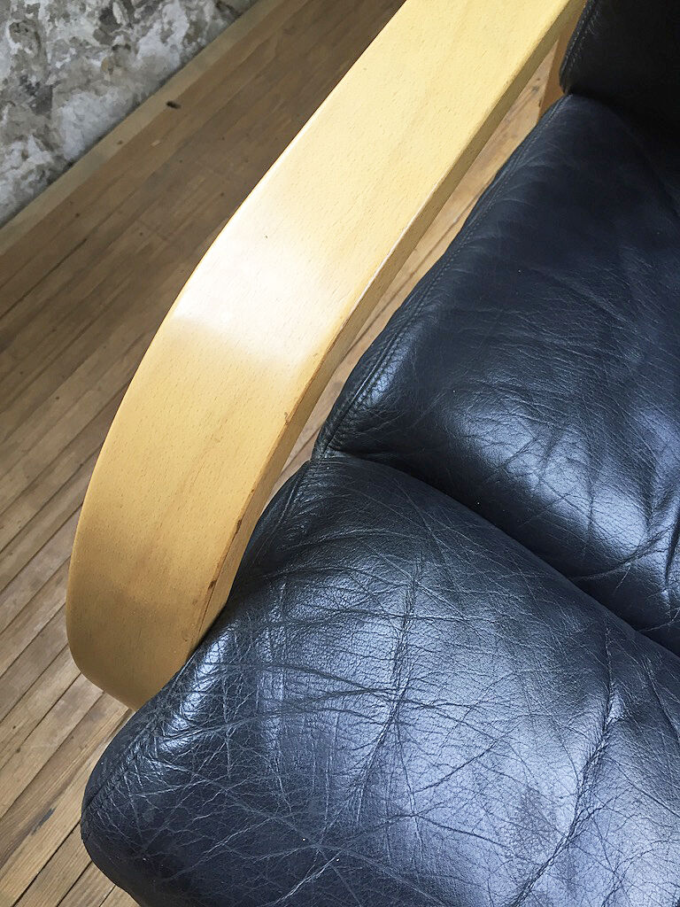 Danish sofa and armchairs curved wood and leather